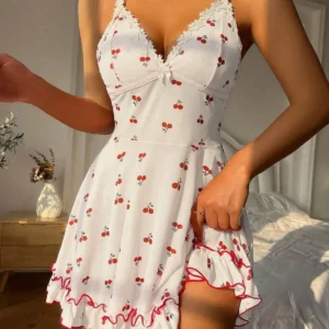 Këmishë nate romantike me printim të bardhë qershie dhe rripa - Figura 3